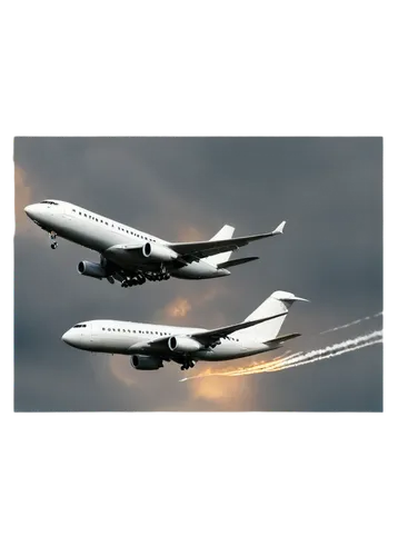 Commercial airliner, takeoff, morning sunlight, clouds in background, wings tilted upwards, engines roaring, wheels lifted off ground, smoke trails behind, metallic silver body, windows reflecting lig