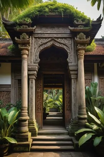 Traditional Indonesian architecture, Joglo style, grand entrance gate, intricate carvings, wooden pillars, tile roofs, vibrant Batik patterns, ornate windows, serene natural surroundings, lush greener