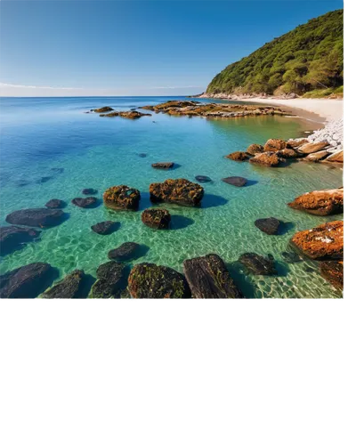 Seaside scenery, vast ocean, clear blue sky, fluffy white clouds, gentle waves, sandy beach, rocky coastline, seaweed-covered stones, driftwood, sunny day, warm lighting, panoramic view, 3/4 compositi