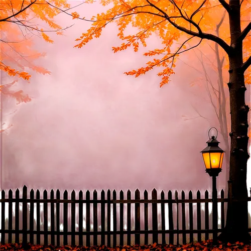 autumn fog,autumn background,autumn morning,autumn scenery,foggy landscape,lamplight,light of autumn,white picket fence,morning mist,late autumn,one autumn afternoon,the autumn,mists,autumn frame,autumn day,autumn songs,autumn landscape,foggy day,autumn,autumn park,Illustration,Paper based,Paper Based 06