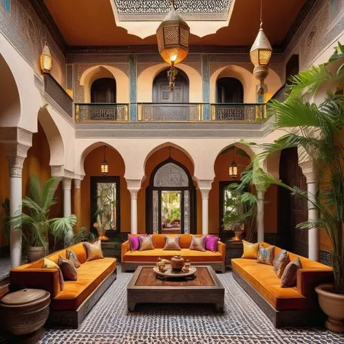 riad,inside courtyard,amanresorts,marrakech,hacienda,courtyard,marrakesh,moroccan pattern,haveli,qasr al watan,morocco,la kasbah,lamrani,alcazar,courtyards,patios,alcazar of seville,anantara,persian architecture,atriums,Illustration,Realistic Fantasy,Realistic Fantasy 21