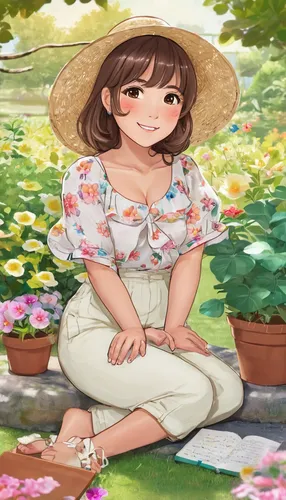 flower background,spring background,japanese floral background,summer background,springtime background,floral background,picking flowers,sun hat,summer day,girl picking flowers,summer flower,portrait background,straw hat,summer hat,honmei choco,idyllic,holding a coconut,high sun hat,spring leaf background,summer jasmine,Illustration,Japanese style,Japanese Style 01