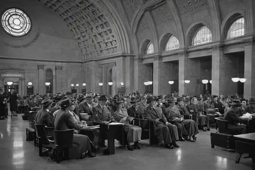 Photographer: Jack Delano. Chicago, Illinois. In the waiting room of the Union Station (1943) Library of Congress.,lecture hall,lecture room,academic conference,union station,the conference,conference