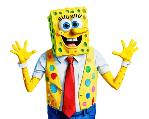 SpongeBob SquarePants, yellow skin, porous body, blue eyes, enthusiastic facial expression, iconic square pants, white shirt, red tie, optimistic posture, standing with both hands on hips, bright ligh