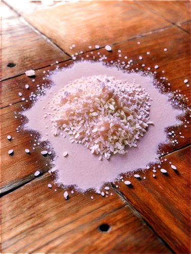 Small, white, flour mites, scattered, on brown wooden table, soft focus, warm lighting, shallow depth of field, detailed texture, realistic, 3/4 composition, macro shot, close-up.,granulated sugar,cot