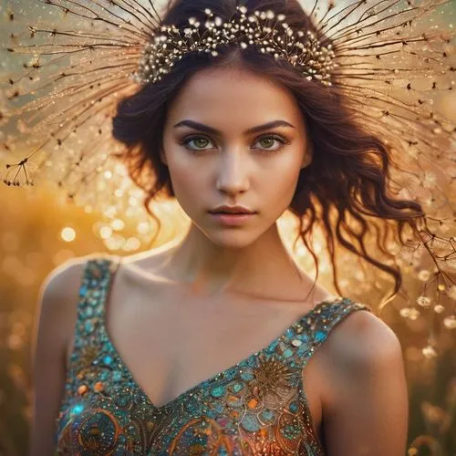 fairy peacock,faery,faerie,fairy queen,flower fairy,fairy,spring crown,mystical portrait of a girl,fantasy portrait,beautiful girl with flowers,golden crown,feather headdress,headdress,peacock,girl in a wreath,enchanting,romantic portrait,fairy dust,vanessa (butterfly),little girl fairy,Photography,General,Commercial