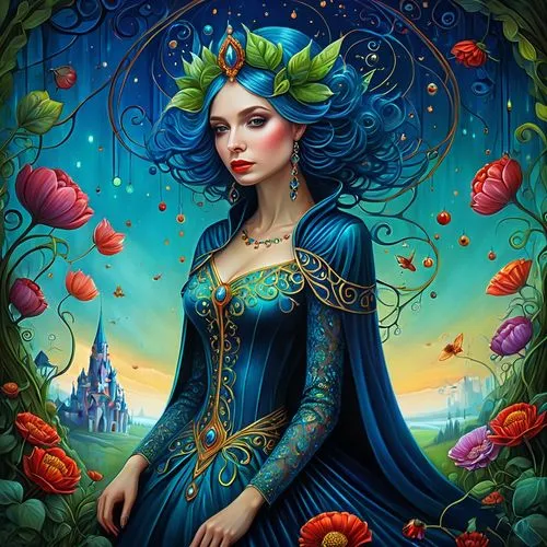 fantasy portrait,fairy tale character,fantasy art,blue enchantress,rosa 'the fairy,flora,cinderella,fairytale characters,fairy queen,the enchantress,fantasia,queen of hearts,fantasy picture,elven flower,faerie,faery,blue rose,merida,rapunzel,rose flower illustration,Photography,General,Natural