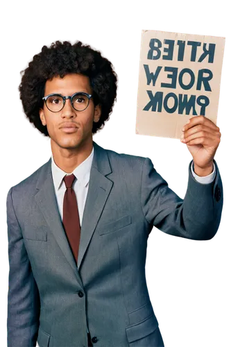 Historical figure, African American man, 1950s style suit, glasses, afro hair, serious facial expression, holding sign, protest scene, Montgomery Bus Boycott, retro background, warm lighting, shallow 