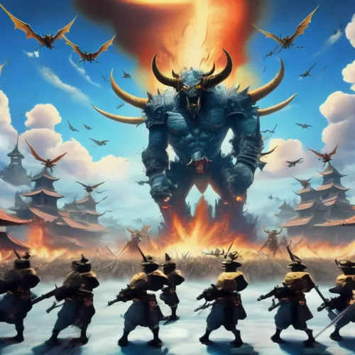 no distortion, no blur, full animation, no warped, firing,a group of soldiers walking around a large robot,garrison,kaido,gurren,ravana,predaking,garridos