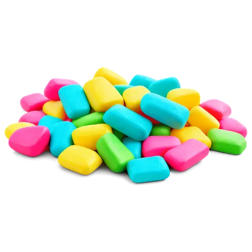 Colorful Hubba Bubba gum pieces, scattered on white background, shiny surface, pink, blue, yellow, green colors, irregular shapes, varying sizes, close-up shot, soft focus, warm lighting, 1/2 composit