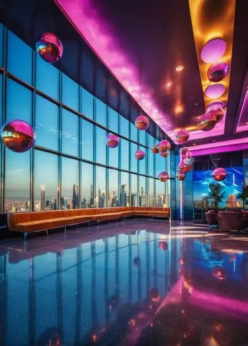 neon cocktails,nightclub,skybar,skyloft,ufo interior,top of the rock,sky apartment,vdara,clubcorp,clevelander,colored lights,pool bar,hkmiami,lounges,poolroom,miami,piano bar,sky city tower view,spaceship interior,neon drinks,Illustration,Realistic Fantasy,Realistic Fantasy 38