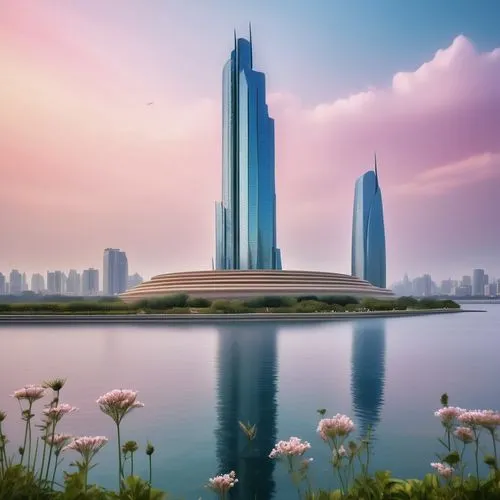 A towering skyscraper, crafted from the soft, glimmering hue of the Cure S, towers over the tranquil sea. Its intricate details are breathtaking, from the glass windows to the delicate curves of the w