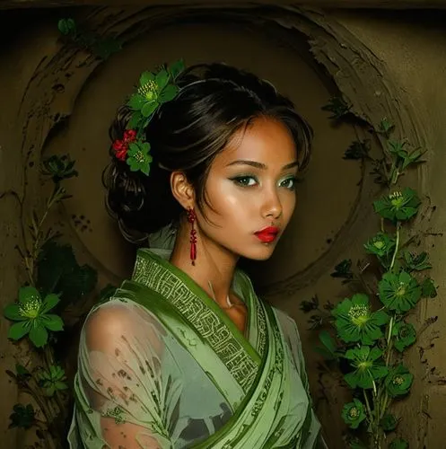 filipiniana,pilipina,vietnamese woman,polynesian girl,laotian,background ivy,Illustration,American Style,American Style 12