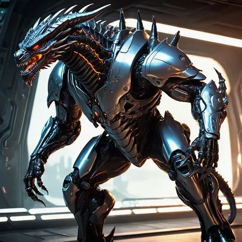 A futuristic bionic character resembling a humanoid dragon, standing on two feet. The character has a sleek, metallic body with dragon-like features, including scaled armor plating, claws, and a tail.