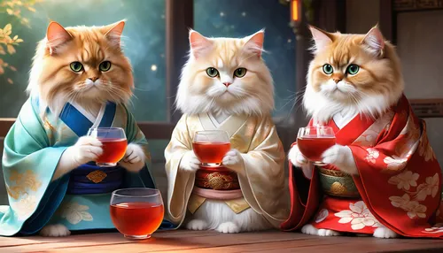 oktoberfest cats,sake set,cat family,lucky cat,auspicious,three wise men,tea party cat,chinese pastoral cat,kimonos,vintage cats,red tabby,the three wise men,sake,felines,cat's cafe,orange robes,cat lovers,japanese culture,cat kawaii,cat supply,Illustration,Realistic Fantasy,Realistic Fantasy 01