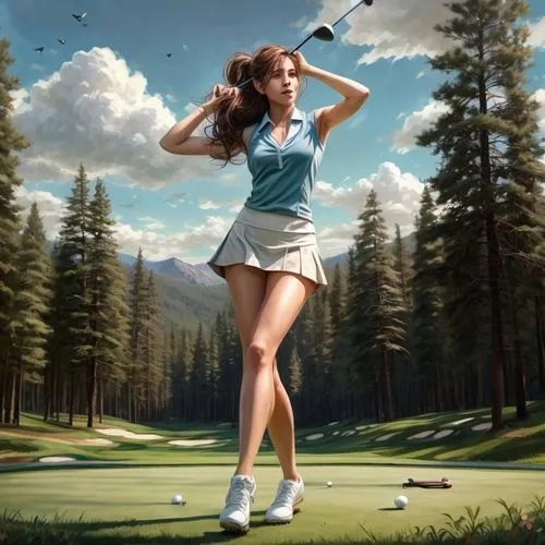 realistic beautiful girl, oval face shape, brown long hair, s-shape eyebrow, almond eyes, blue eyes, heart shaped lips, triangle body shape, (full body show), masterpiece. playing Golf, open chest,,go