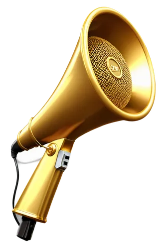 Golden megaphone, old-fashioned microphone, metal material, intricate details, ornate design, bright golden color, shiny surface, spotlight effect, dramatic shadow, close-up shot, 3/4 composition, sof