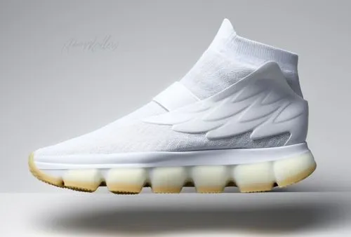 All sock upper sneaker, with "wing" intergraded, thick rubber sport sole, all white color scheme ,Sock walking sneaker wing design white ,air,basketball shoes,tennis shoe,futuristic,ventilators,bassol