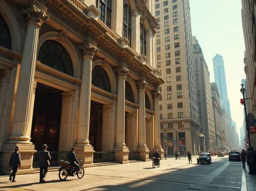 Neoclassical skyscraper, grand entrance, ornate stone columns, carved stone facades, rusticated base, arched windows, balconies with intricate ironwork, detailed stonework patterns, polished granite f