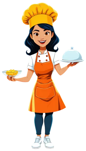 baking competition, cartoon style, colorful, shiny floor, judging table, baking utensils, mixing bowls, sweet treats, trophies, chef hat, apron, excited facial expression, dramatic lighting, dynamic c