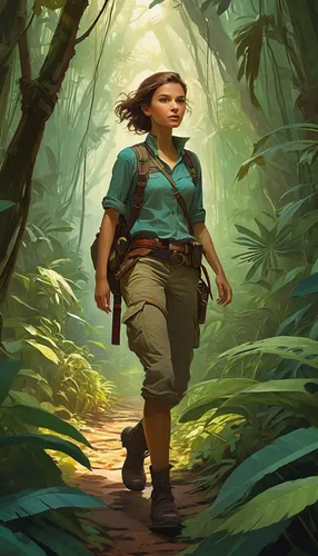 Create a thrilling adventure where Anna Ivanova, an explorer, treks through dense jungles in search of a hidden treasure.,lara,sci fiction illustration,the wanderer,forest workers,adventurer,game illu