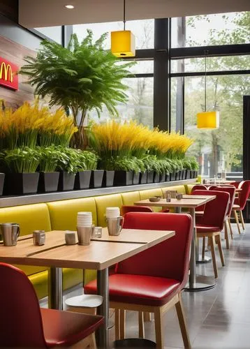 Modern chic McDonald's restaurant interior, sleek wooden tables, comfortable cushioned chairs, bright yellow and red branding colors, large glass windows, natural light pouring in, lush green plants, 