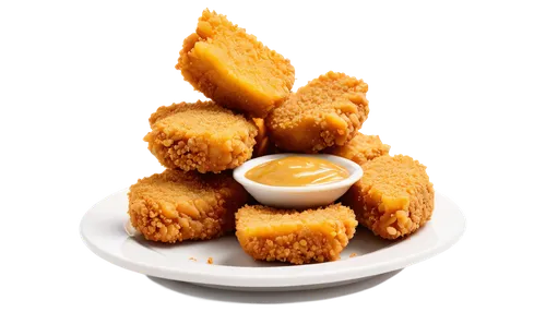 Crispy chicken nugget, golden brown, juicy meat, breadcrumbs coating, dipping sauce nearby, plate reflection, shallow depth of field, warm lighting, 3/4 composition, close-up shot, isolated on white b