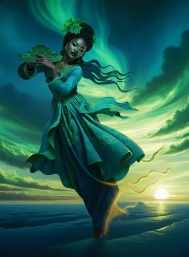 nude Beautiful nigerian girl, full dark curly hair, big green almond eyes, full black lips, misty sky,a woman in a green dress walking in the ocean,fantasy picture,green aurora,tuatha,celtic woman,lit