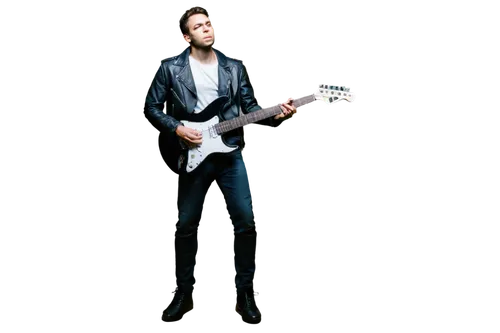 Male guitarist, rockstar, standing, backlight, dramatic pose, black leather jacket, ripped jeans, sneakers, electric guitar, strap around shoulder, fingers on fretboard, spotlight, stage smoke, dark b