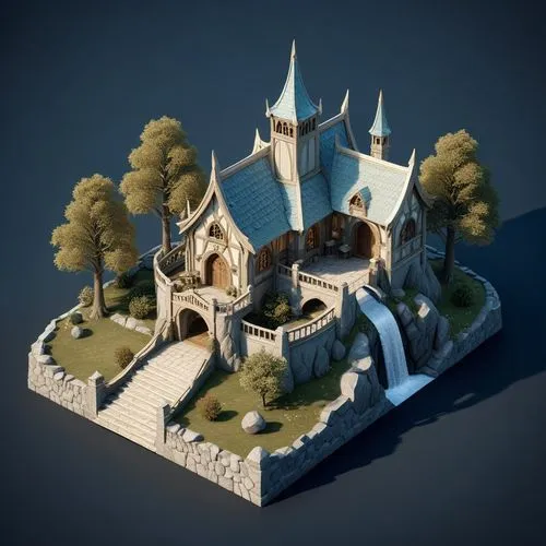 Rivendell, isometric 3d perspective, elves house, transparent background,,an architectural model of a castle with a waterfall,voxel,medieval castle,3d render,fairy tale castle,3d model,3d rendering