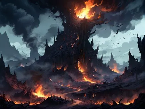 firelands,scorched earth,cataclysm,burning tree trunk,forest fire,burning earth,fire background,devilwood,fire mountain,darklands,burnt tree,burned land,pyre,firewind,tartarus,fire land,infernal,blackmoor,volcanic,conflagration,Conceptual Art,Fantasy,Fantasy 02