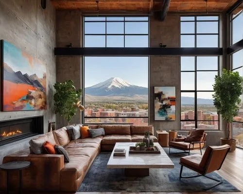 Modern interior design, Denver CO, luxurious living room, floor-to-ceiling windows, mountain views, wooden floors, minimalist decoration, sleek lines, marble coffee table, sectional sofa, abstract art