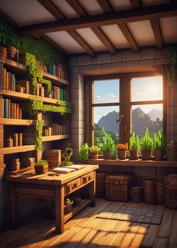 inglenook,wooden windows,apothecary,wooden beams,rustic aesthetic,schoolroom,shaders,herbology,study room,voxels,houseplants,environments,rustic,houseplant,dandelion hall,potted plants,wood window,morning light,voxel,kitchens,Art,Classical Oil Painting,Classical Oil Painting 39