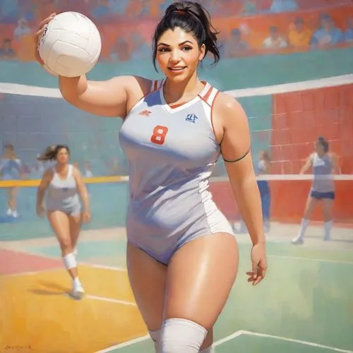 painting of a woman holding up her volleyball ball,volleyballer,sports girl,voleibol,volleyball,volley,maradona,Digital Art,Impressionism