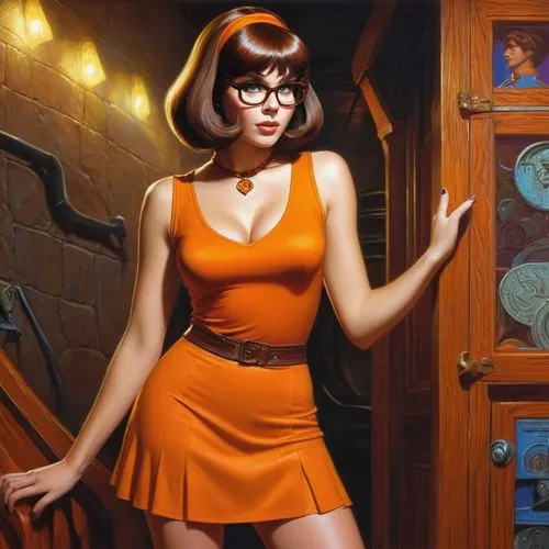 librarian,retro woman,retro girl,cigarette girl,retro women,retro pin up girl,pin-up girl,orange robes,orange,sci fiction illustration,ann margarett-hollywood,pinup girl,pin-up model,spy-glass,cocktail dress,pin up girl,sheath dress,clue and white,susanne pleshette,secretary,Illustration,Realistic Fantasy,Realistic Fantasy 03