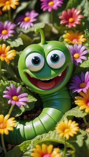 cartoon worm, ooey gooey, bright green skin, shiny eyes, smiling face, tiny hands, wiggly body, soft texture, sitting on leaf, garden setting, warm sunlight, surrounded by flowers, colorful petals, ge