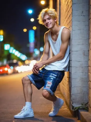 Shota boy, twink, sparkling eyes, bright smile, blonde hair, messy bedhead, lean chest, skinny legs, denim shorts, white tank top, sneakers, leaning against a wall, hand in pocket, casual pose, urban 