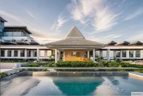 Create a 5-star hotel surrounded with coconut trees with bright interior lighting,nusa dua,bali,asian architecture,seminyak,luxury property,luxury home,holiday villa,luxury hotel,tropical house,mansio