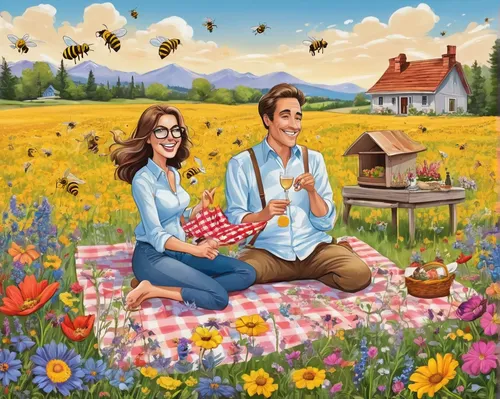 Create a romantic setting where two lovers have a picnic amidst a field of colorful wildflowers and buzzing bees.,bee farm,beekeepers,beekeeping,bee-keeping,bee keeping,bees,bees pasture,bee colony,be