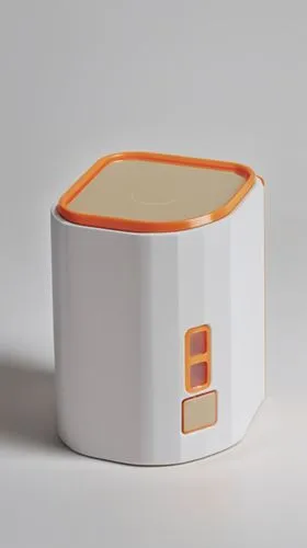 宠物喂食器，简约风格，科技感,a white container with an orange trim around the bottom,deskjet,smarttoaster,bejbl,eero,tealight,ouya,Photography,General,Realistic