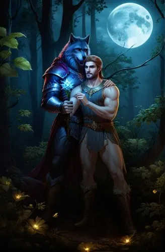 In a dark forest under a full moon, a very attractive and muscular  man in medieval attire is shown a luminescent flower by his werewolf companion.,the wolf and man in armor hugging each other,warrior