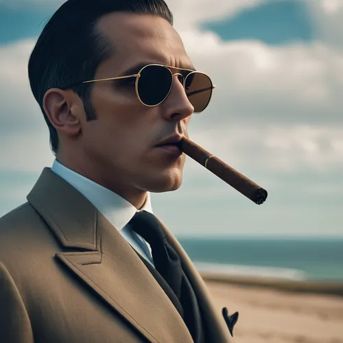 true detective mr lovecraft,smoking a cigar in the style of peaky blinders,looking out to the sea,handsome,men in black sunglasses,burberry trenchcoat,ethereal astral quantic eldritch cosmic horror fa