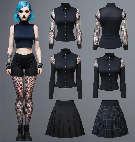 Paper doll goth blue dyed haired girl in black sleeveless shirt ,black tight fit spandex shorts, complete full length fishnet and black boot standing surrounded by with a set of goth fashion clothing,