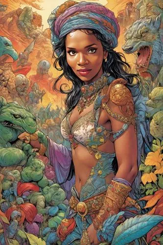 moana,mowgli,rosa ' amber cover,fantasy woman,pachamama,warrior woman,tiana,aladha,mother earth,jaya,african american woman,the enchantress,jasmine bush,santana,fantasy art,rem in arabian nights,color pencils,fantasy portrait,orientalism,polynesian girl,Digital Art,Comic