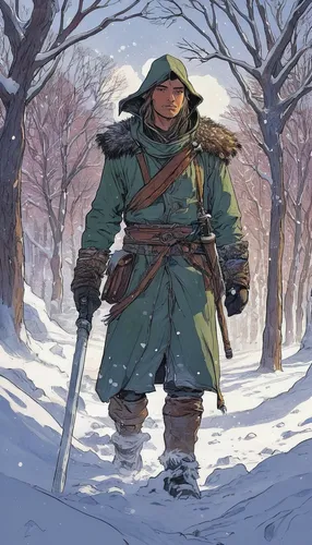 the wanderer,robin hood,eskimo,lone warrior,adventurer,swordsman,scythe,winter clothing,mountain guide,quarterstaff,wanderer,heroic fantasy,woodsman,glory of the snow,hunter's stand,parka,cold weapon,hooded man,dwarf sundheim,wind warrior,Illustration,Paper based,Paper Based 26