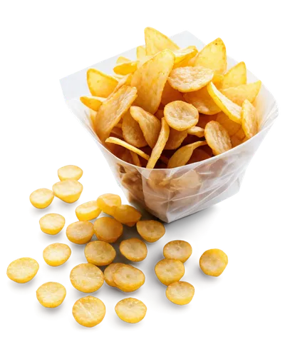 Crunchy snack, close-up, realistic texture, golden crispy chips, ridged surface, salty seasoning, shiny oil drops, transparent plastic bag, morning sunlight, shallow depth of field, warm color tone, c