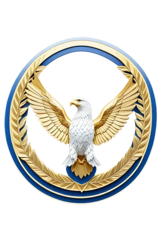 Government policy logo, blue and white colors, circular shape, bold font, abstract eagle emblem, 3D metallic texture, golden accents, centered composition, soft lighting, high-contrast shading, detail