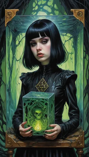 a waist up image of a 18yo goth girl, wearing avant-garde high fashion, trapped inside a slimy Gelatinous Cube in the style of a deathcore tarot card,magic grimoire,gothic portrait,anahata,the enchant