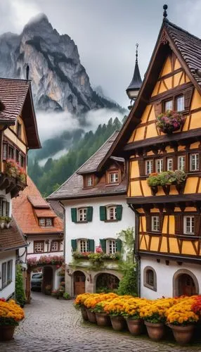 Traditional Bavarian architecture, ornate facade, half-timbered house, steeply pitched roof, bright colors, white stucco walls, wooden window frames, flower boxes, intricate carvings, towers and turre