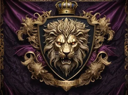 heraldic animal,heraldic,lion,heraldry,lion number,forest king lion,heraldic shield,purple,purple and gold,lion father,crown icons,monarchy,gold and purple,panthera leo,emperor,crest,lion's coach,zodiac sign leo,escutcheon,king crown,Illustration,Realistic Fantasy,Realistic Fantasy 47